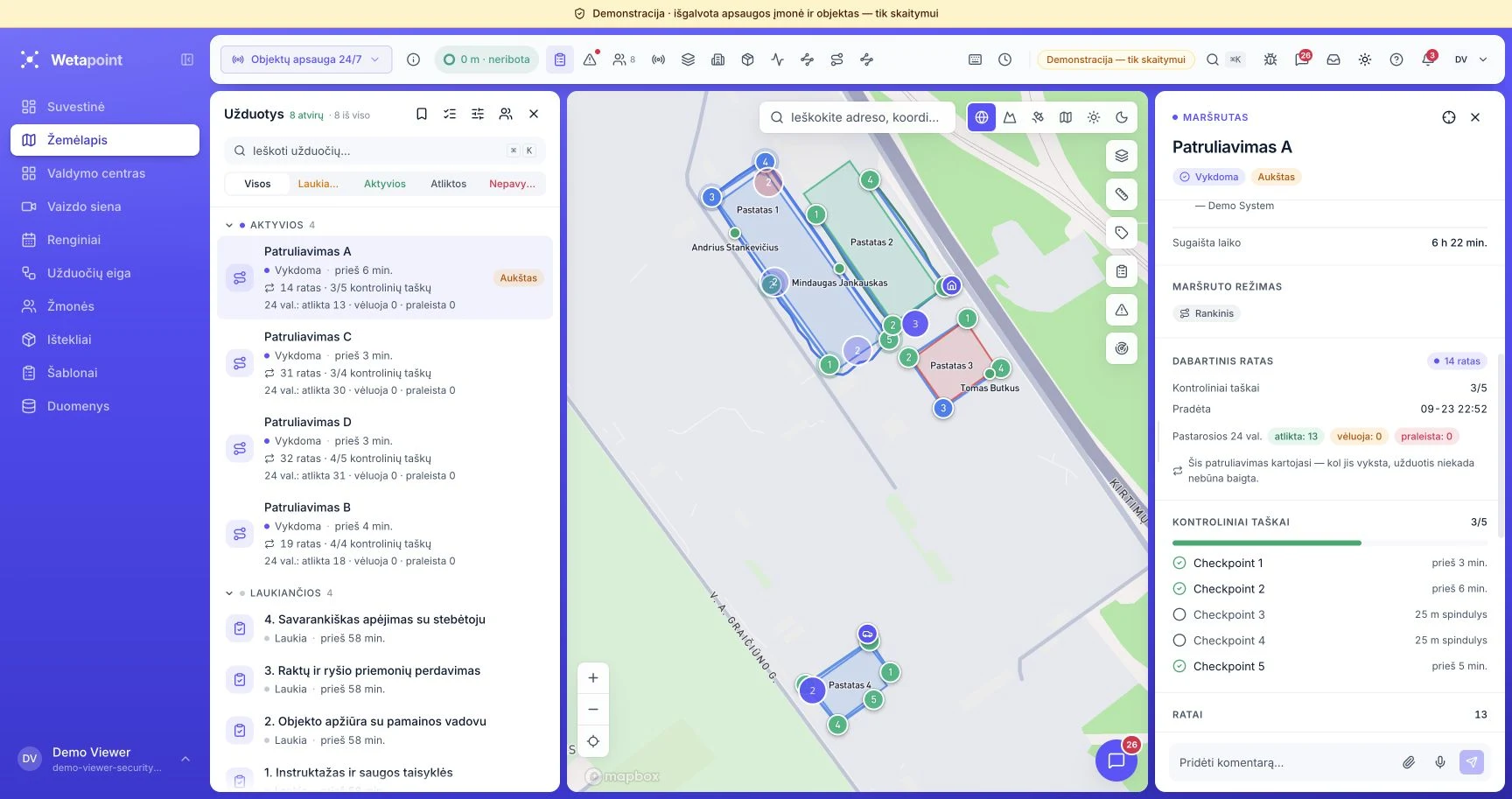 Tikroji Wetapoint apsaugos demonstracija su darbuotojais, logistikos objekto patruliavimo maršrutais ir kontroliniais punktais