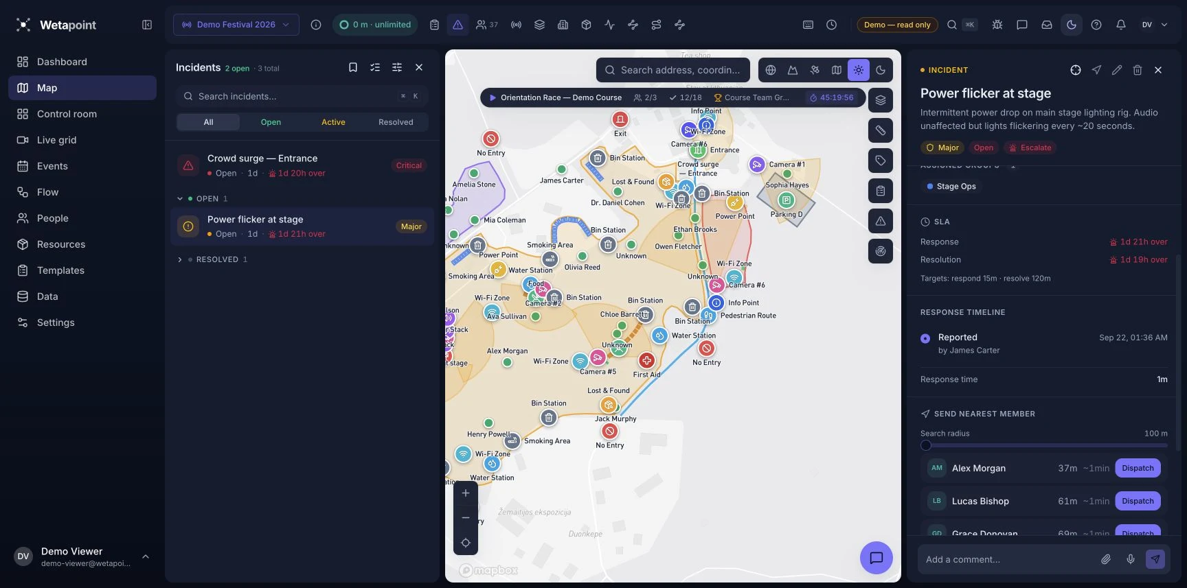 Wetapoint festival incident panel showing the incident location, response status and nearby team members