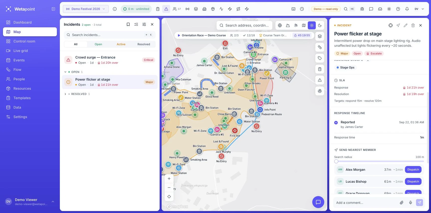 Wetapoint festival incident panel showing the incident location, response status and nearby team members