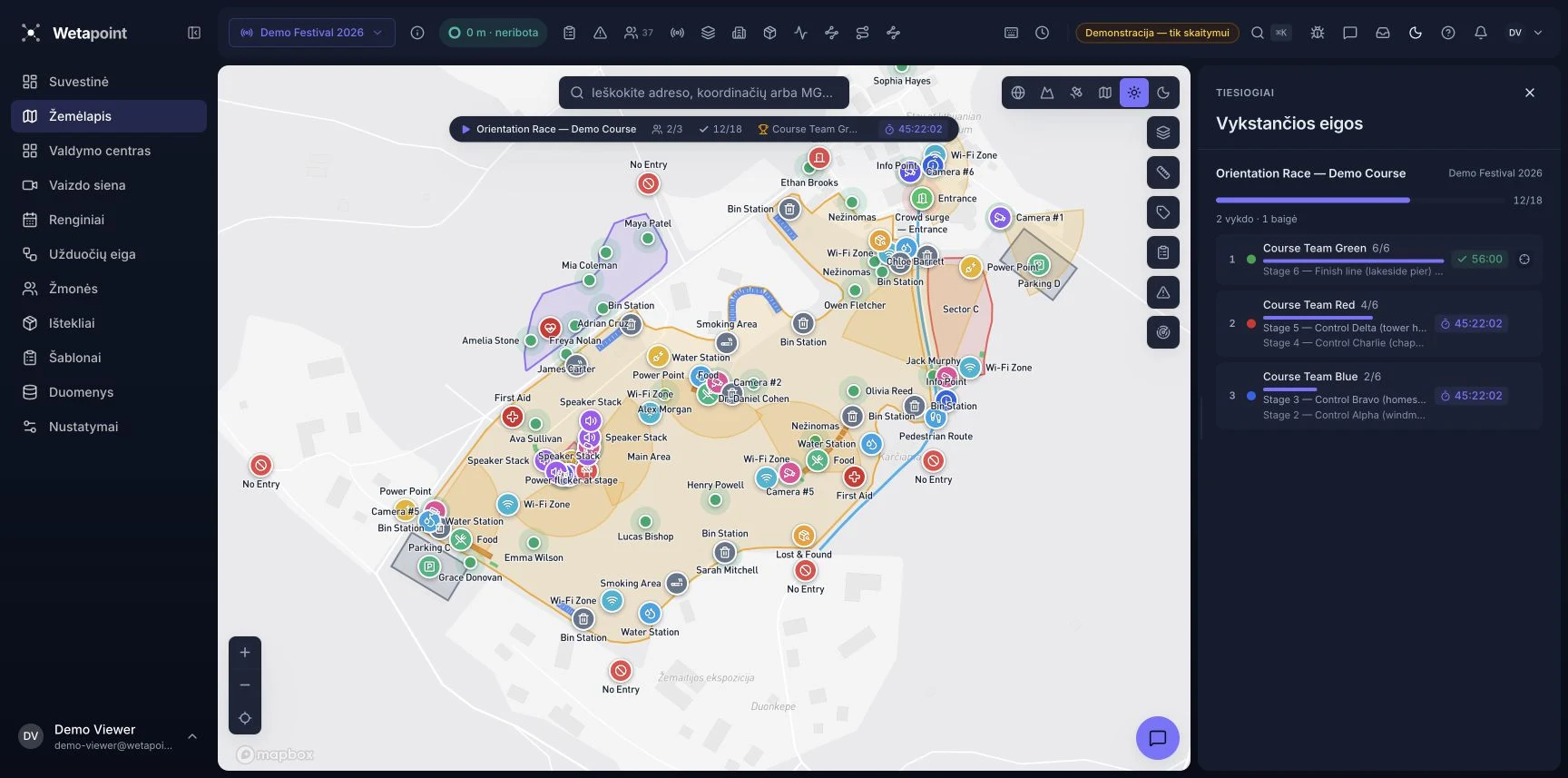 Wetapoint žaidimo valdymo langas su žemėlapiu ir užduočių eiga demonstraciniame festivalyje