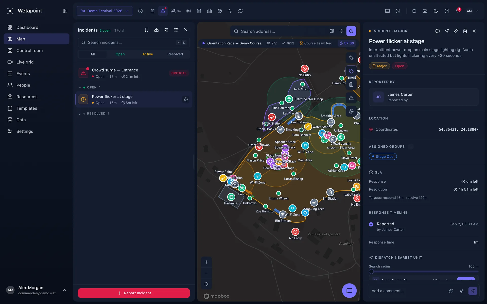 Incident detail panel with severity badge and response timeline