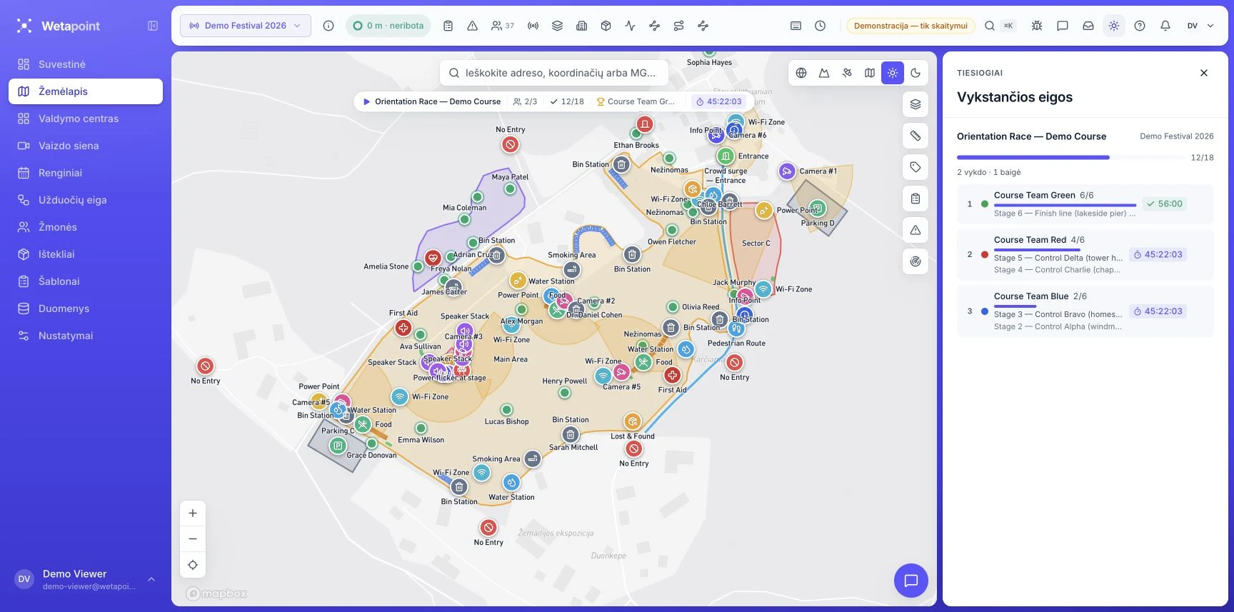 Wetapoint žaidimo valdymo langas su žemėlapiu ir užduočių eiga demonstraciniame festivalyje