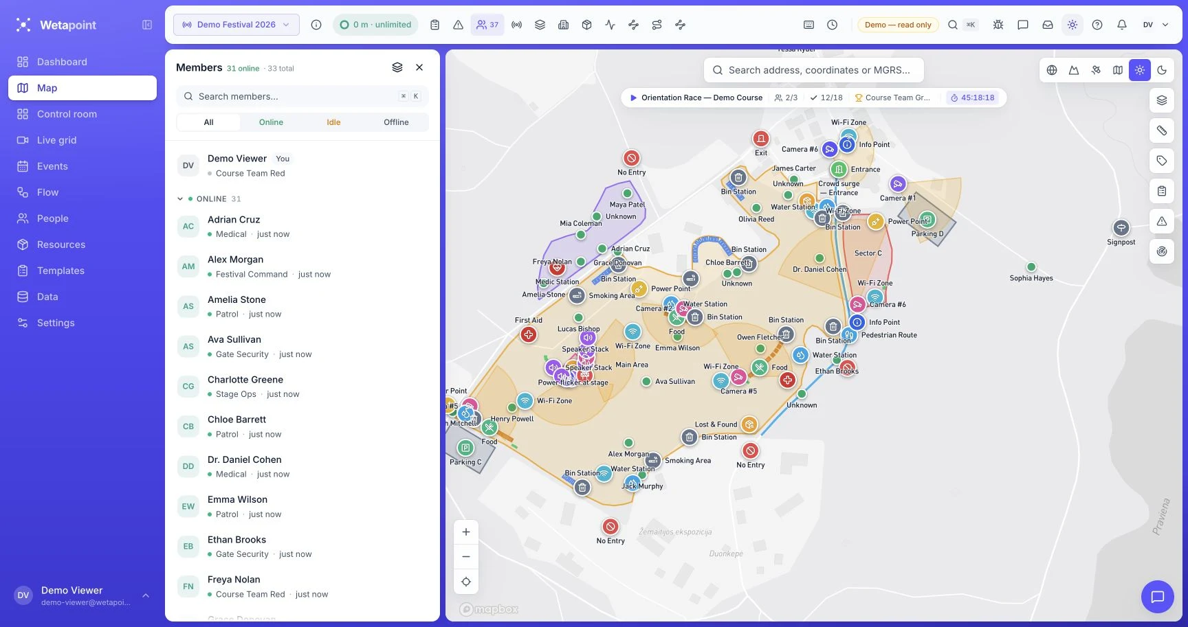 Wetapoint event demo with the staff list, team locations and operational zones on the map