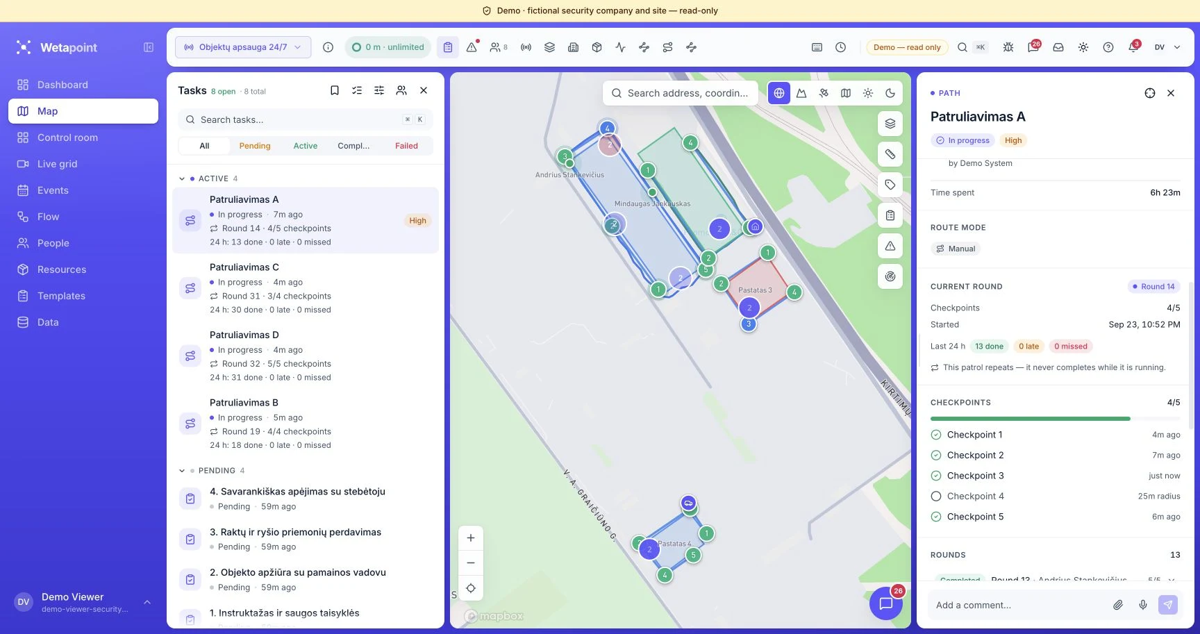 Real Wetapoint security demo with guards, logistics site patrol routes, checkpoints and round progress