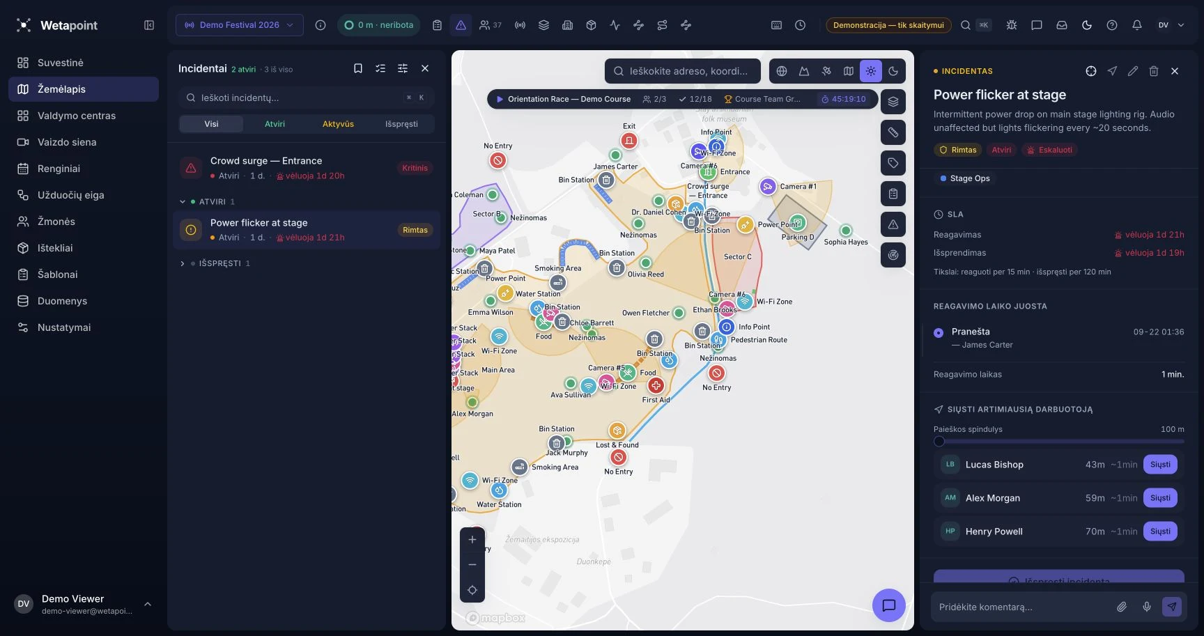 Wetapoint festivalio incidento langas su incidento vieta, reagavimo būsena ir netoliese esančiais darbuotojais